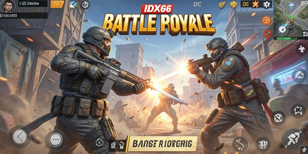 Tangkapan layar utama IDX66 menampilkan pertarungan Battle Royale yang mendebarkan.